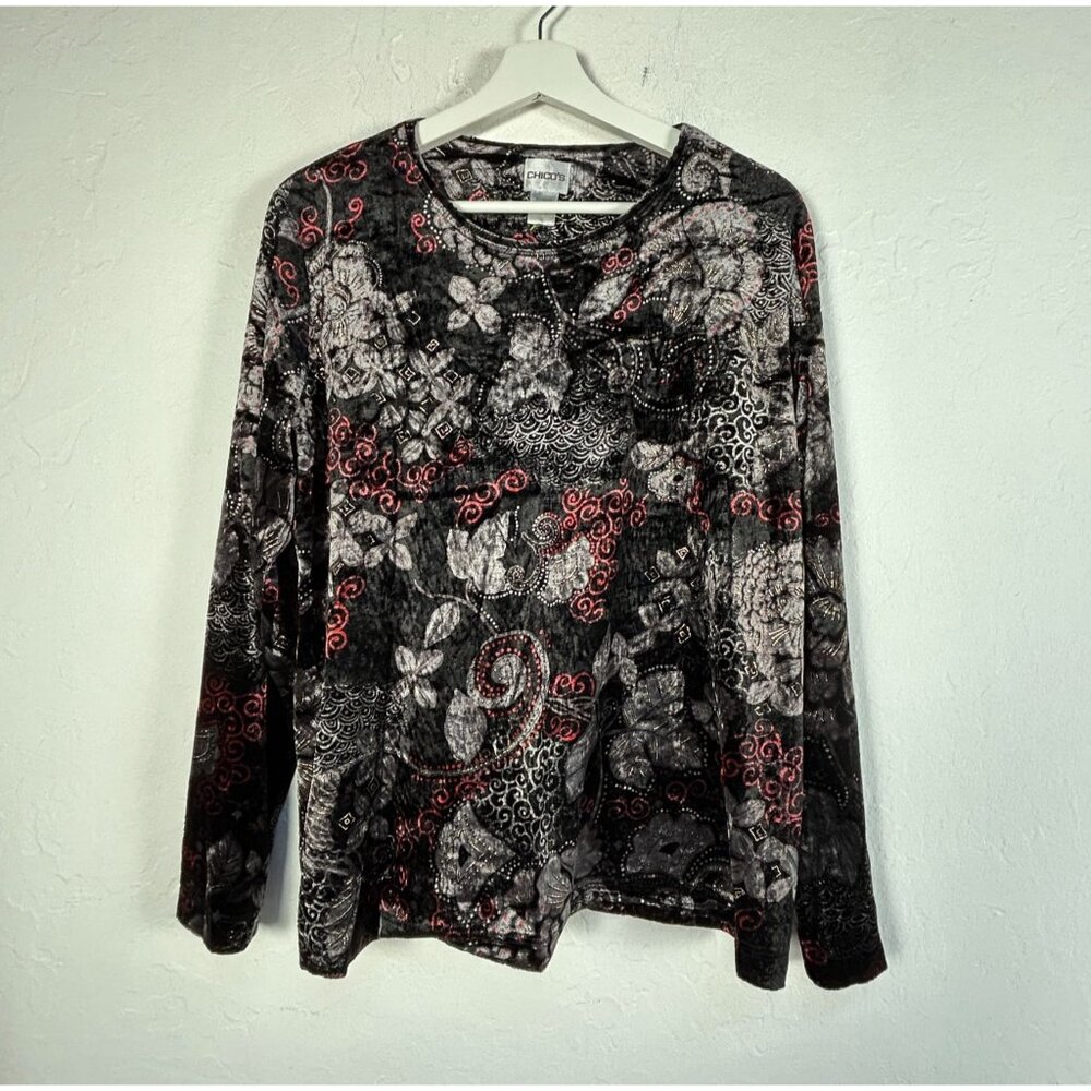 Chico's Womens Long Sleeve Floral Velvet Top Size 3 Black Red Mixed Print Casual